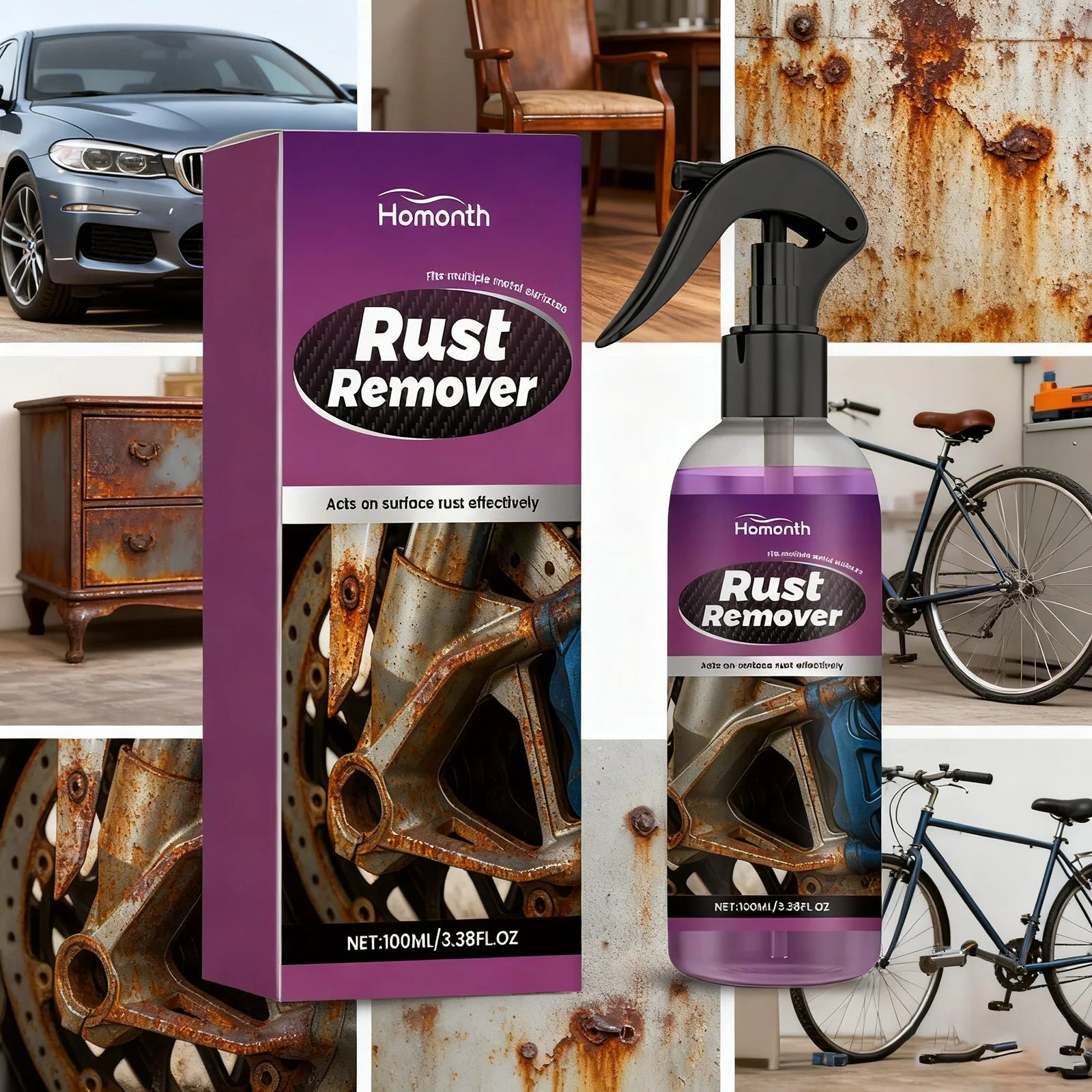 Car Rust Remover Spray Safe for Auto Paint Metal Surface Treatment for Chassis, Wheels, Tools Prevents Corrosion Degreaser 100Ml